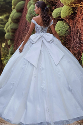Off-Shoulder Ball Gown with 3D Floral Appliques Beaded Detailing & Lace-Up Back White Tulle Quinceanera Dress for Sweet 16 & Formal Evenings